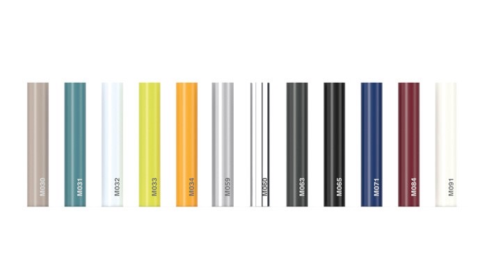 Powder-coat frame colour samples, floor glides, and chair shell finish options