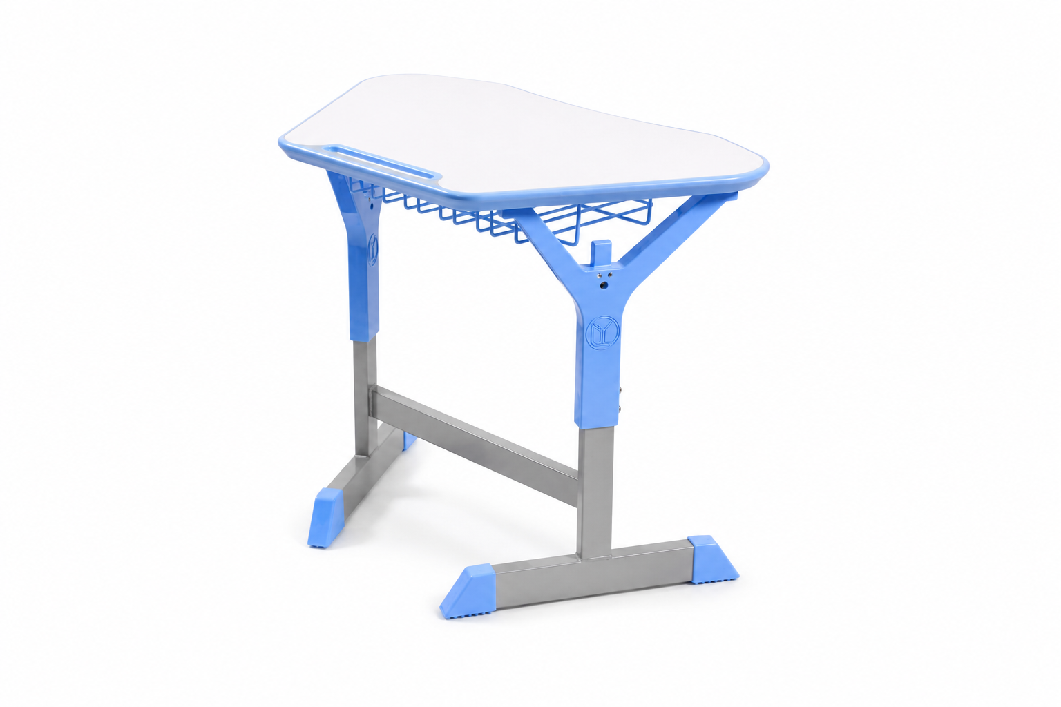HZ-CA-920 — adjustable single-column desk with shaped top, front pen ledge and under-desk wire basket
