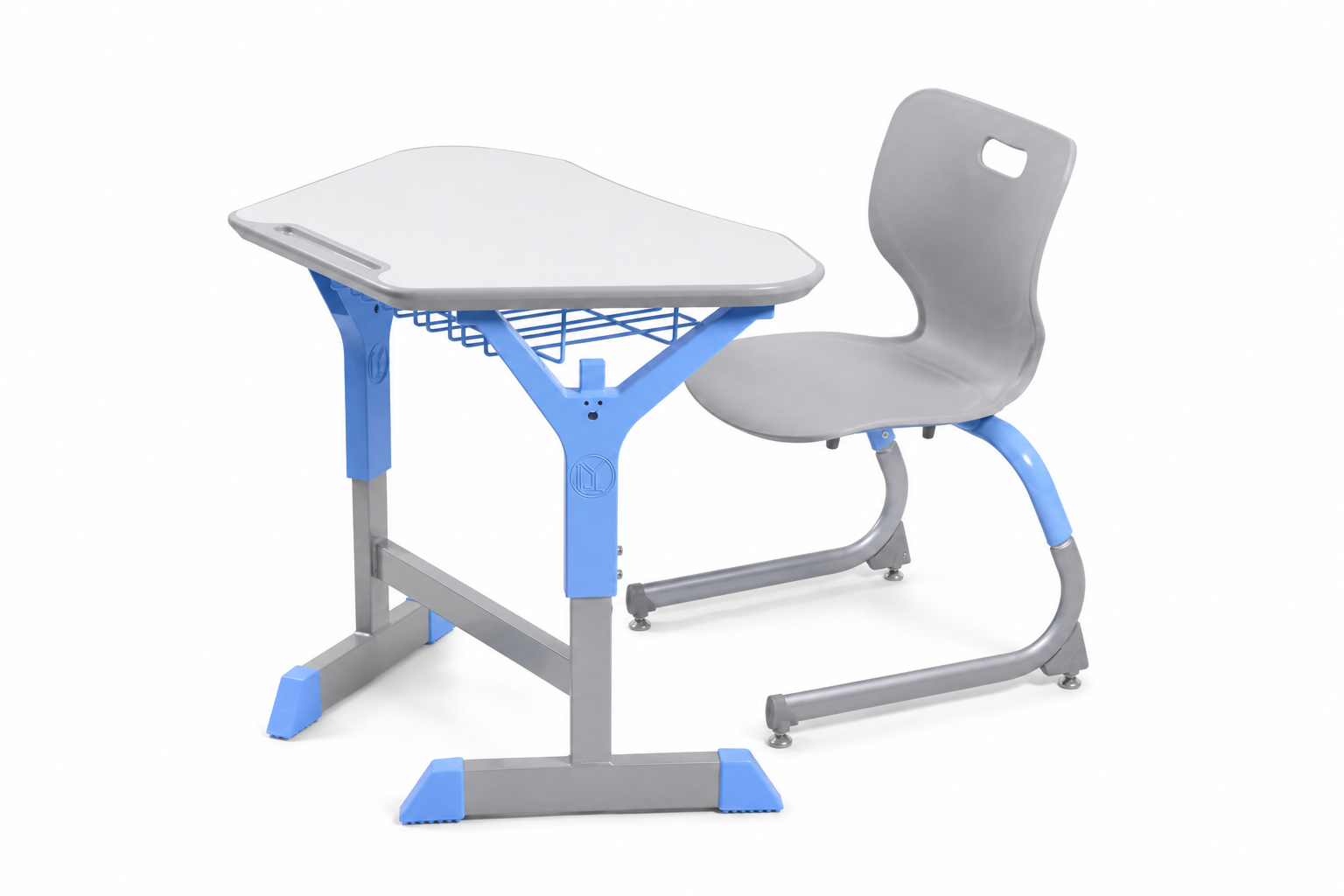 HZ-CA-920 adjustable shaped-top student desk and grey cantilever chair set — three-quarter view