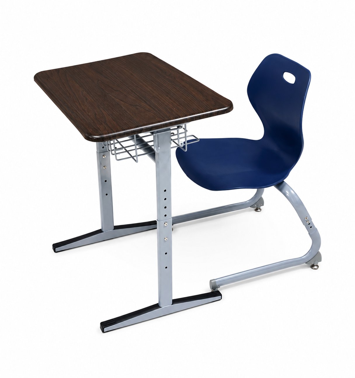 HZ-CC-410 ergonomic student chair with navy plastic shell, paired with a dark wood-top desk on a gray adjustable steel frame