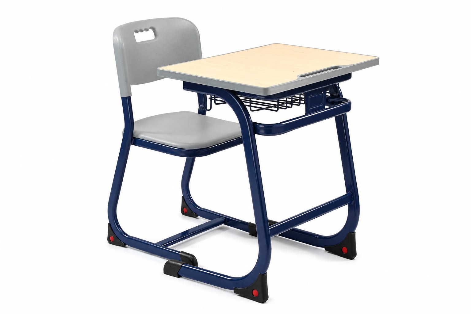 HZ-CC-525 — wood-shell classroom chair with matching desk, angled view