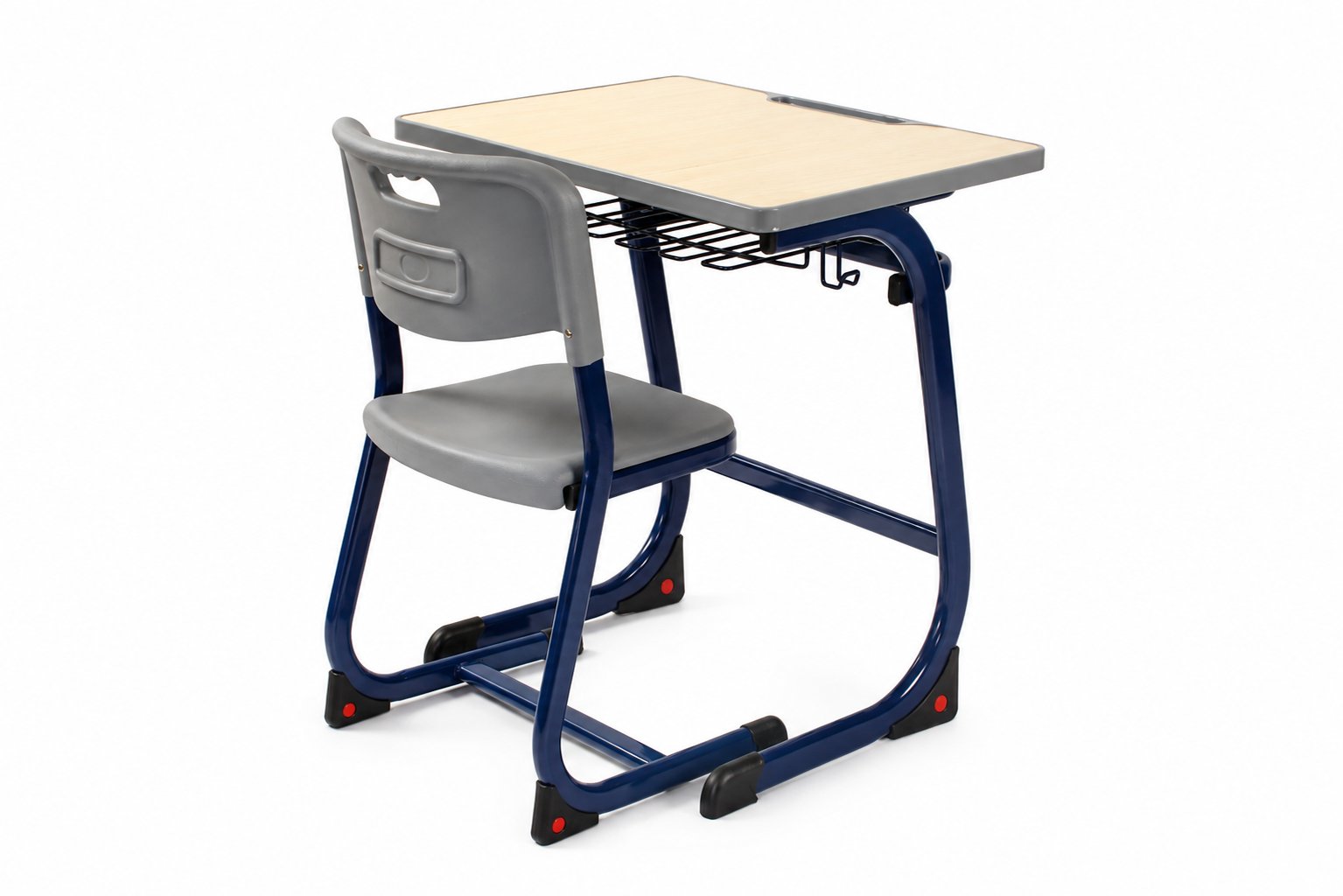 HZ-CC-525 Wood-shell classroom chair with matching student desk — gray shell, blue steel frame, wood-effect top