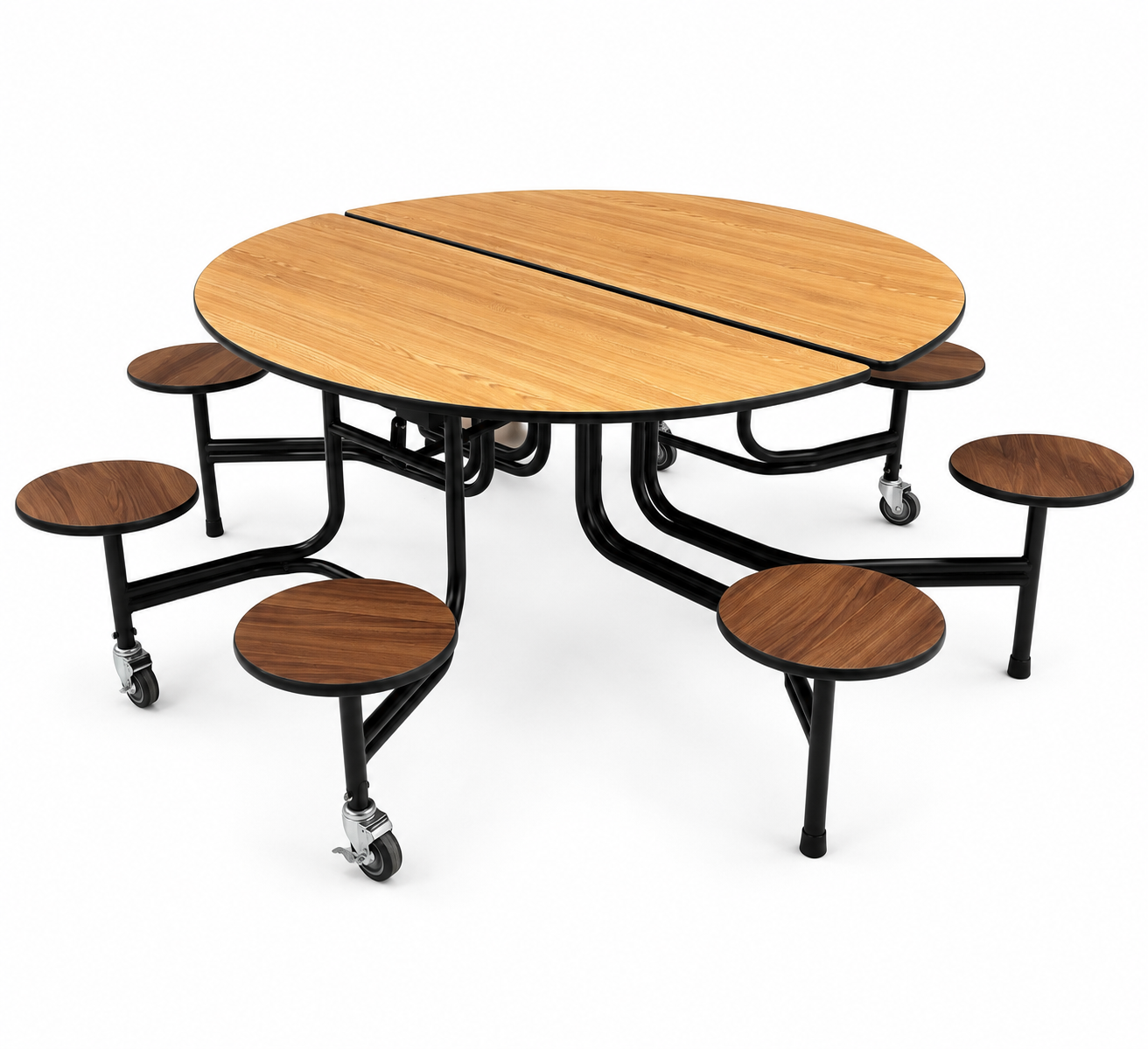 HZ-CF-08R round mobile folding cafeteria table with eight attached stools, deployed