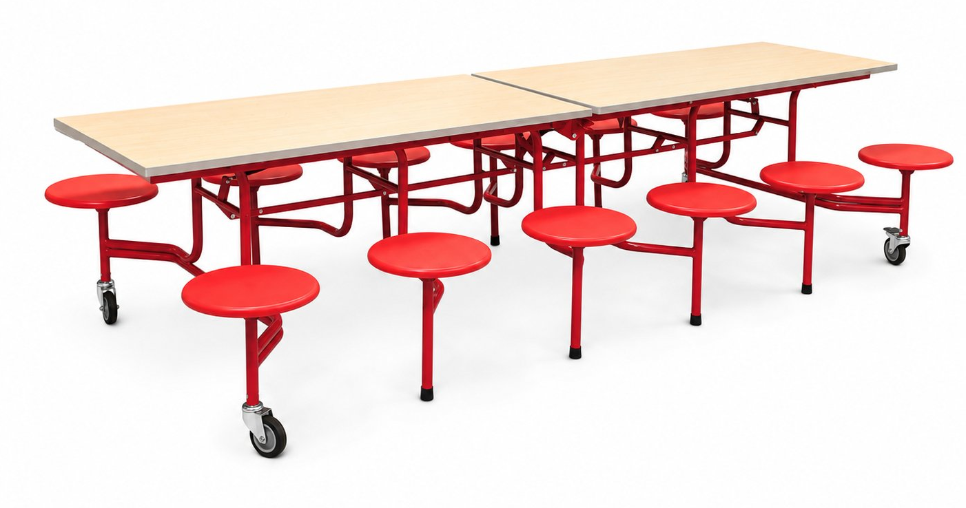 Mobile folding cafeteria table with attached stool seating