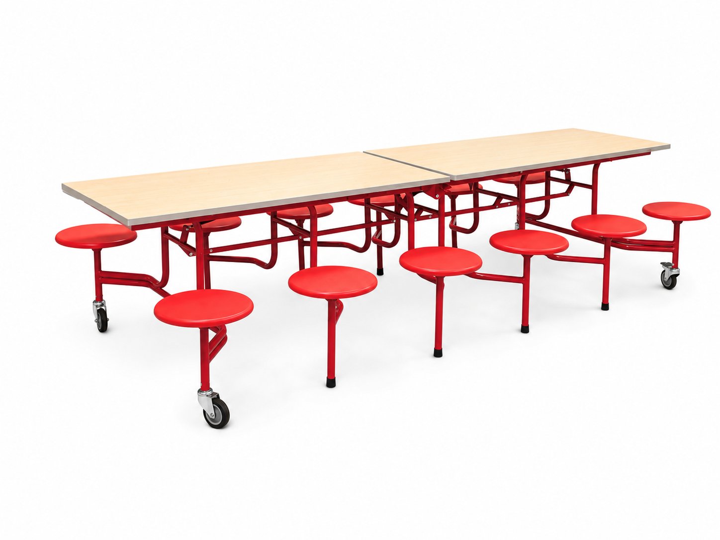 Mobile folding cafeteria table with attached stool seating