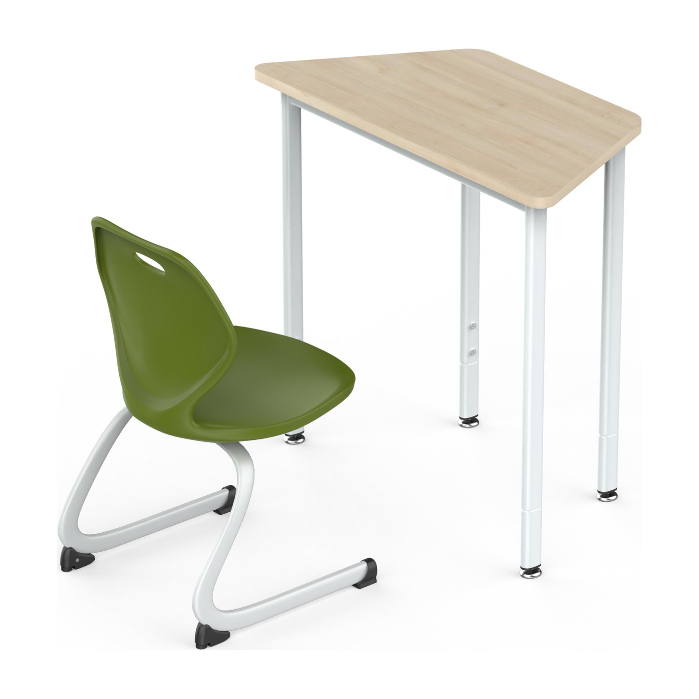 HZ-CF-910 trapezoid collaborative desk and green cantilever chair set — three-quarter view