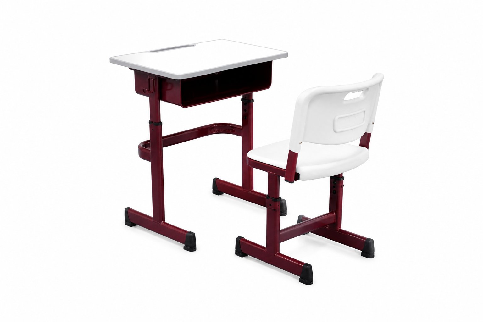 HZ-CG-820 student desk and chair set — white top, maroon adjustable steel frame, white plastic-shell chair