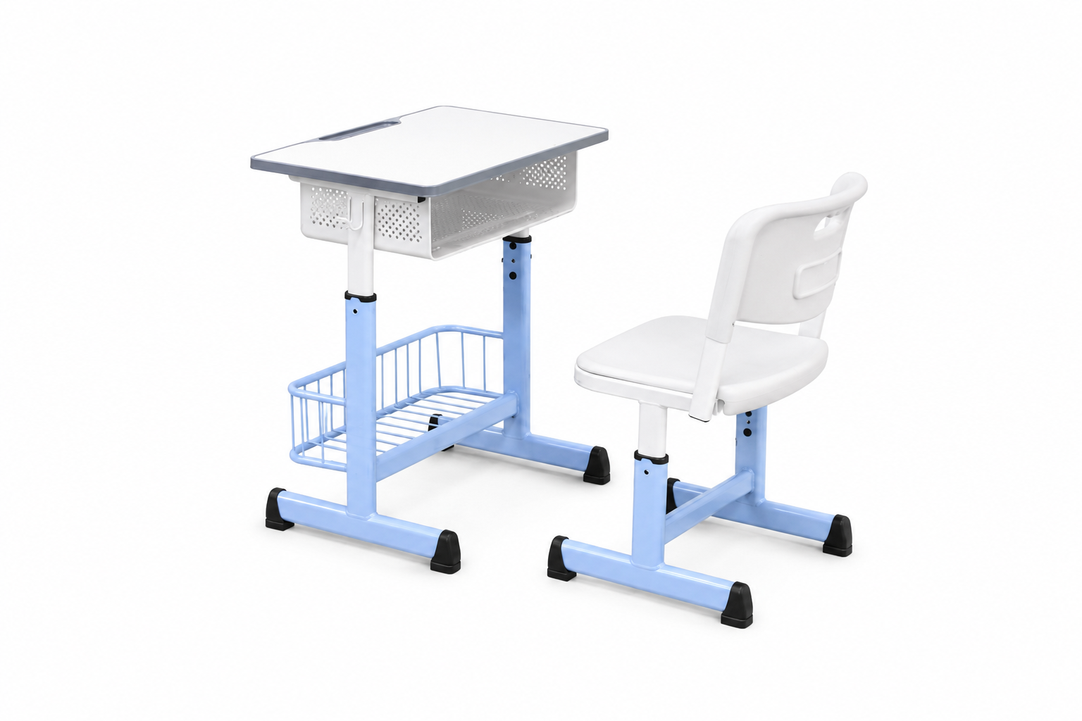 HZ-CM-935 — desk and chair set, three-quarter view showing storage tray and basket