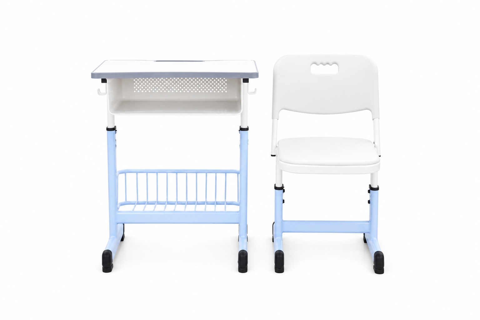 Height-adjustable storage desk + padded chair