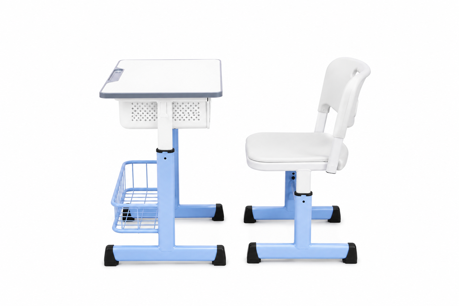 HZ-CM-935 — desk and chair set, side profile showing adjustable legs
