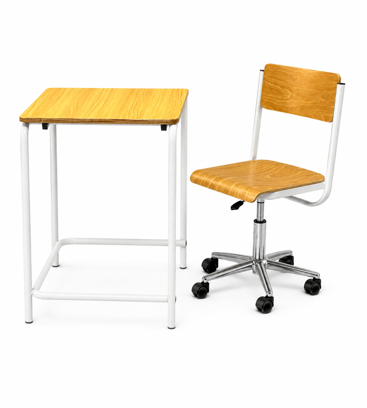 HZ-CR-925 plywood student desk and wood swivel study chair set — front three-quarter view