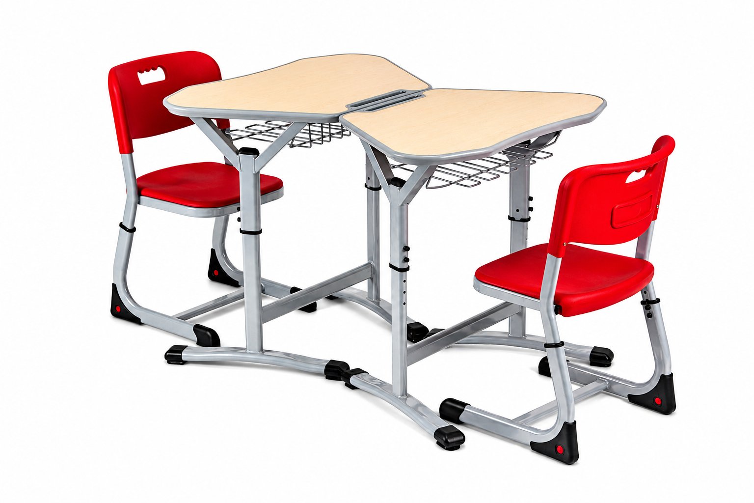 HZ-CS-715 — two student desks arranged facing each other with red plastic-shell chairs, gray adjustable steel frames