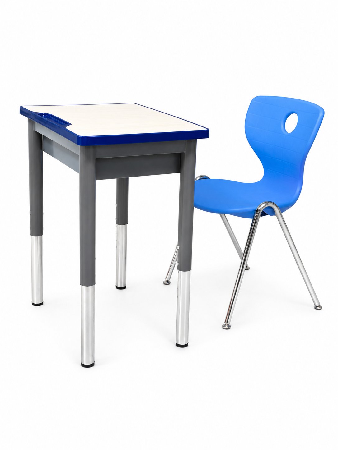 HZ-CT-602 student desk and chair set — blue-edged wood-effect desk with adjustable legs and blue plastic-shell chair