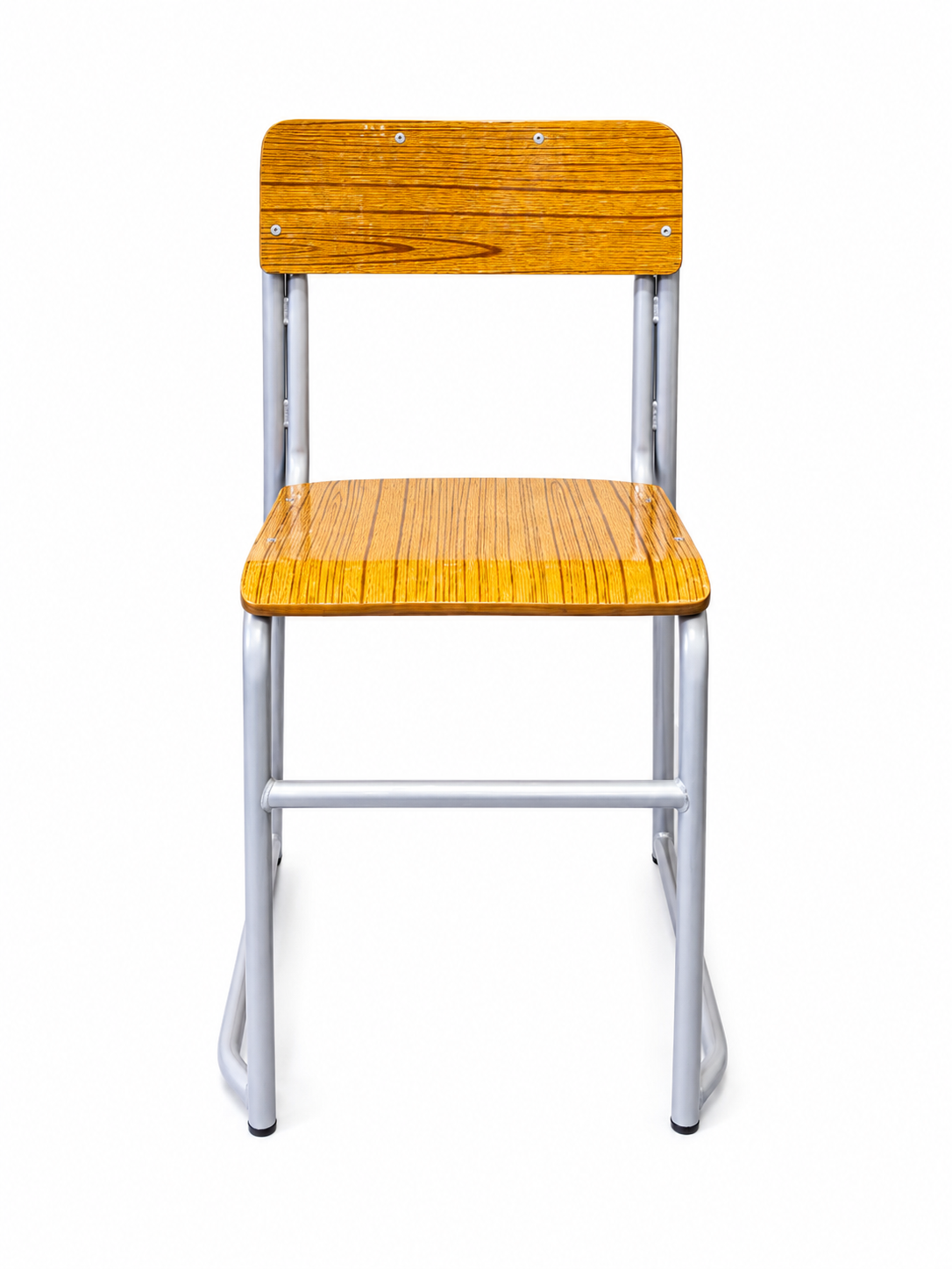 HZ-CW-915 — wood-grain stackable chair on a powder-coated steel frame
