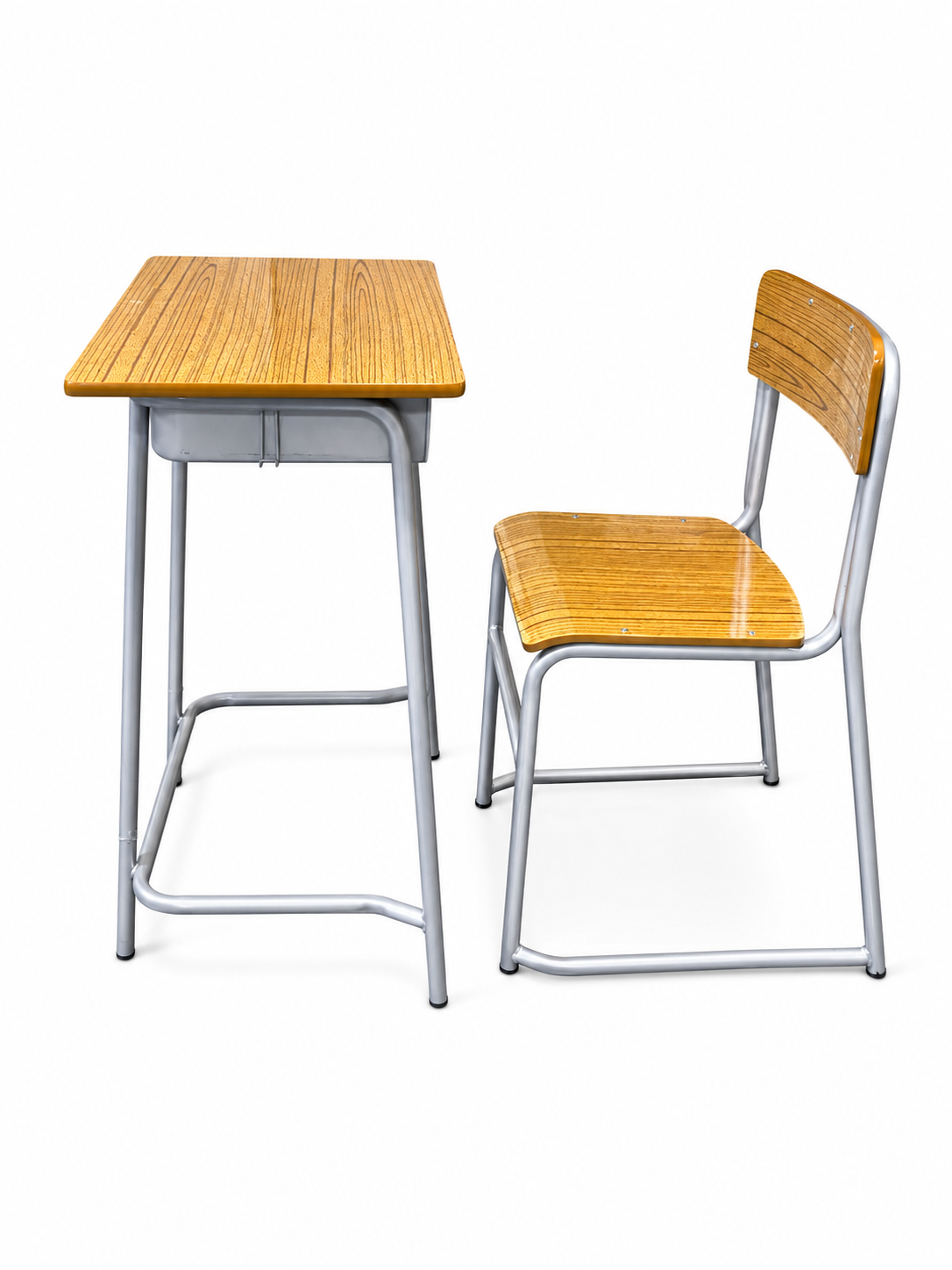 HZ-CW-915 wood-grain student desk and stackable chair set — three-quarter view