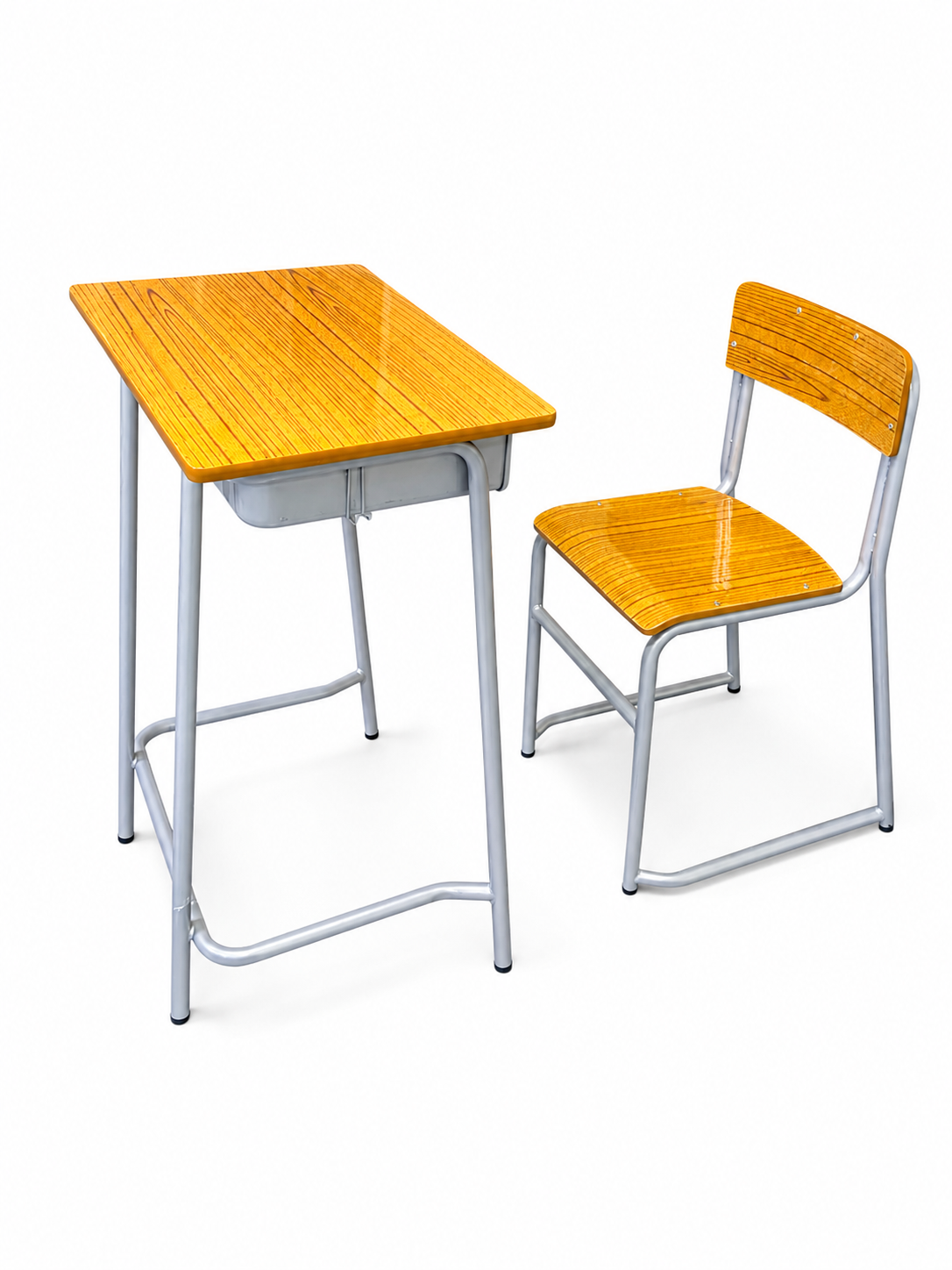 Wood-grain desk + stackable chair